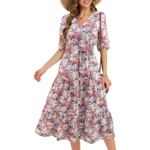 Women Boho Floral Maxi Dress Summer Beach Casual V-Neck Short Sleeve - Picture 1 of 7